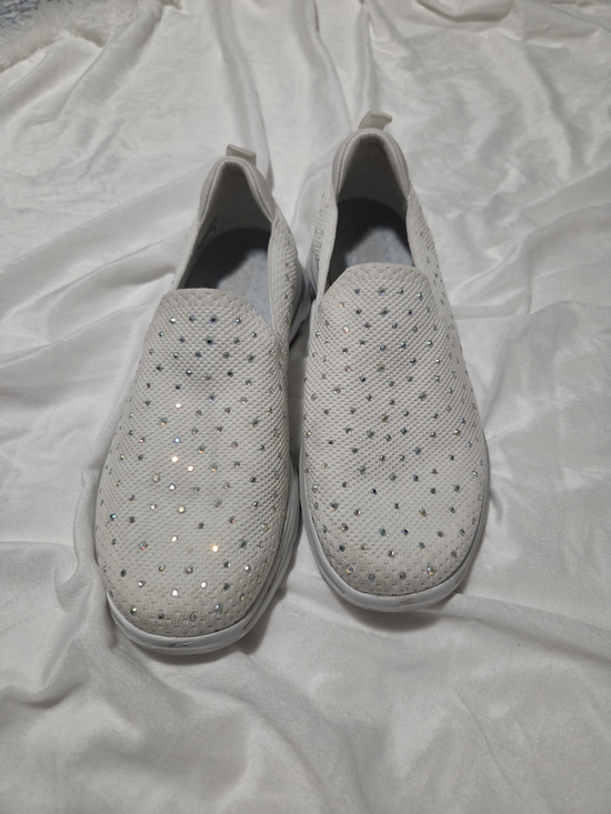 Skechers Shoes - Skechers Women's White Slip-On Crystal-Embellished Knit Sneakers
